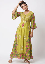 ibBan Floral Cotton Maxi Dress with Bell Sleeves - Jumani