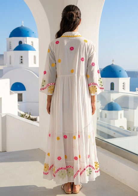 Vestido largo de algodón bordado a mano con cuello en V para mujer - Sara