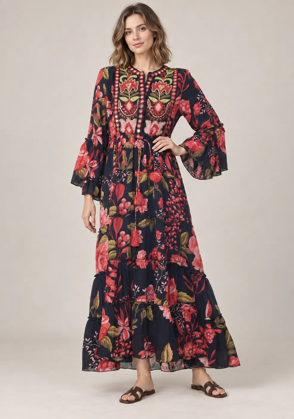 IbBan Black Floral Print Cotton Long Tunic - Almasa
