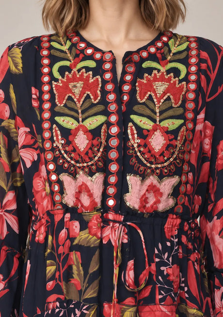 IbBan Black Floral Print Cotton Long Tunic - Almasa