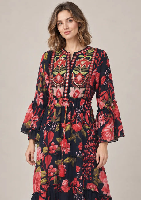 IbBan Black Floral Print Cotton Long Tunic - Almasa