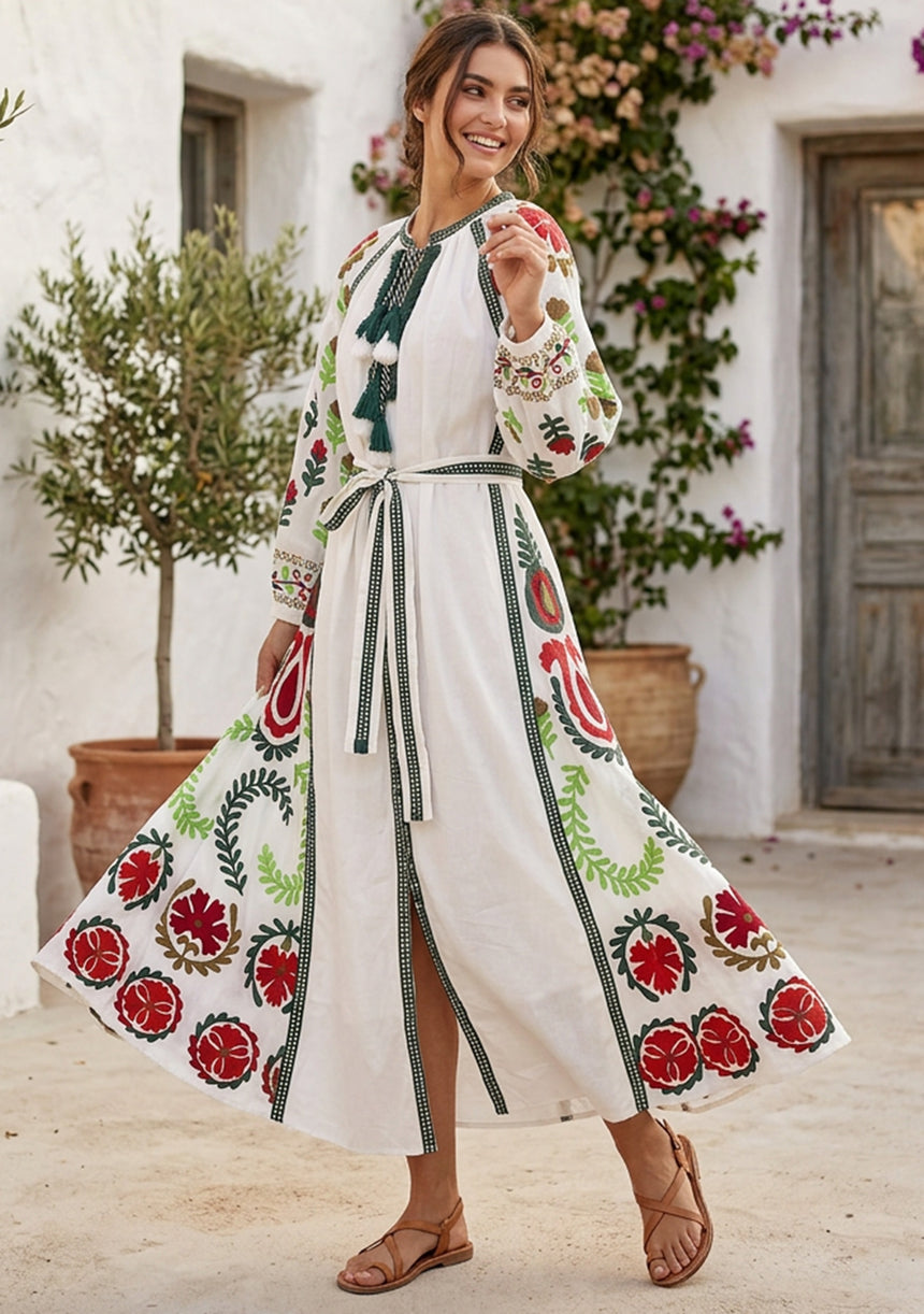 Vestido largo de algodón con cuello redondo para mujer - Ambir