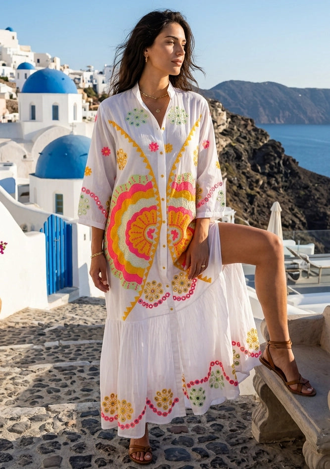 Women's Hand Embroidered Cotton Maxi Dress Mandarin Collar - Sara