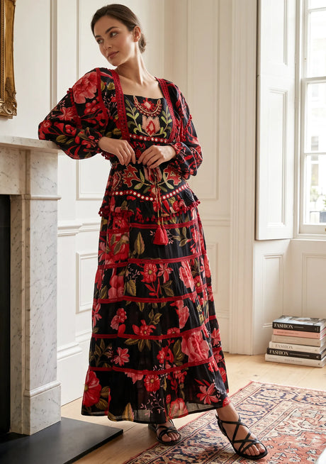 Ibban Black Floral Print Cotton Maxi Dress - Almasa