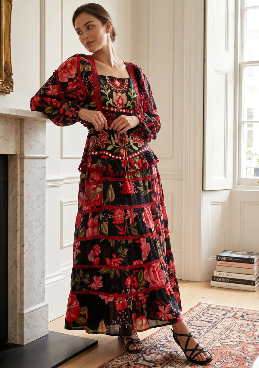Ibban Black Floral Print Cotton Maxi Dress - Almasa