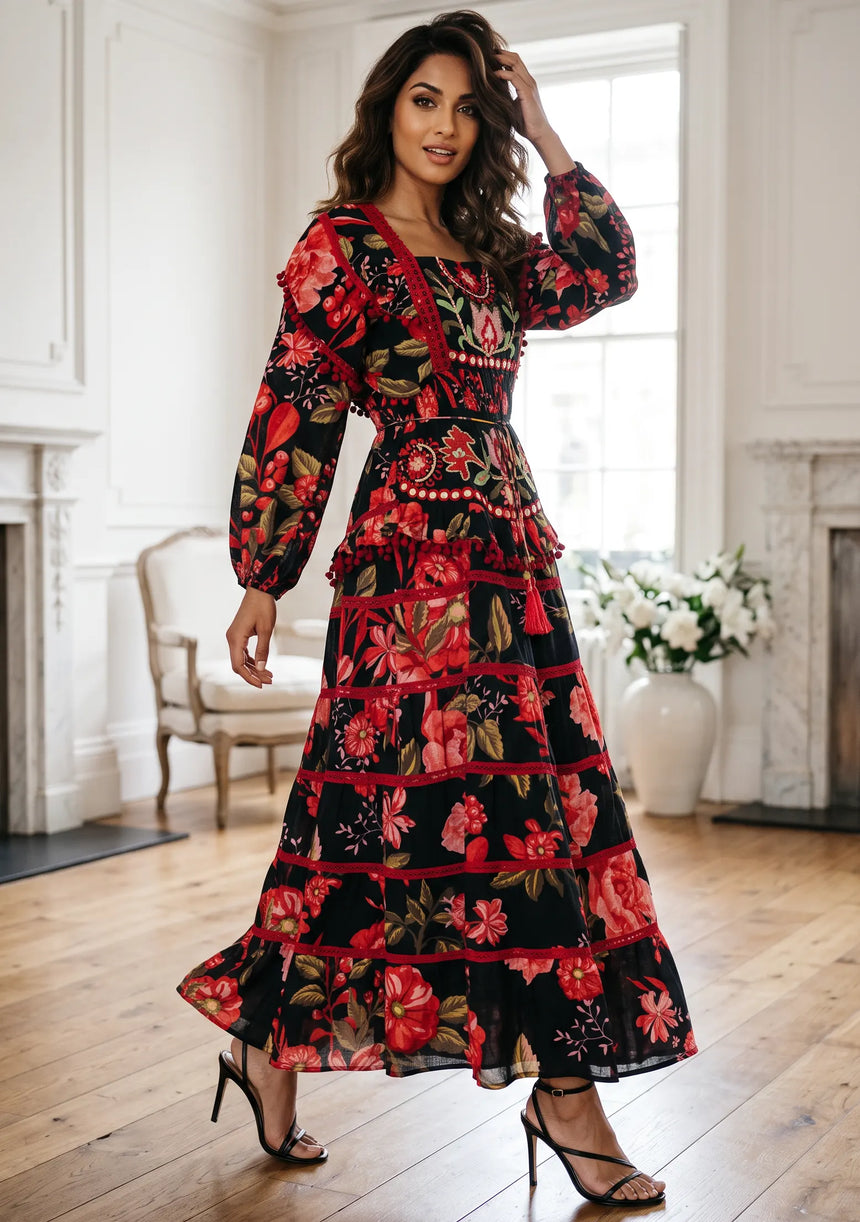 Ibban Black Floral Print Cotton Maxi Dress - Almasa