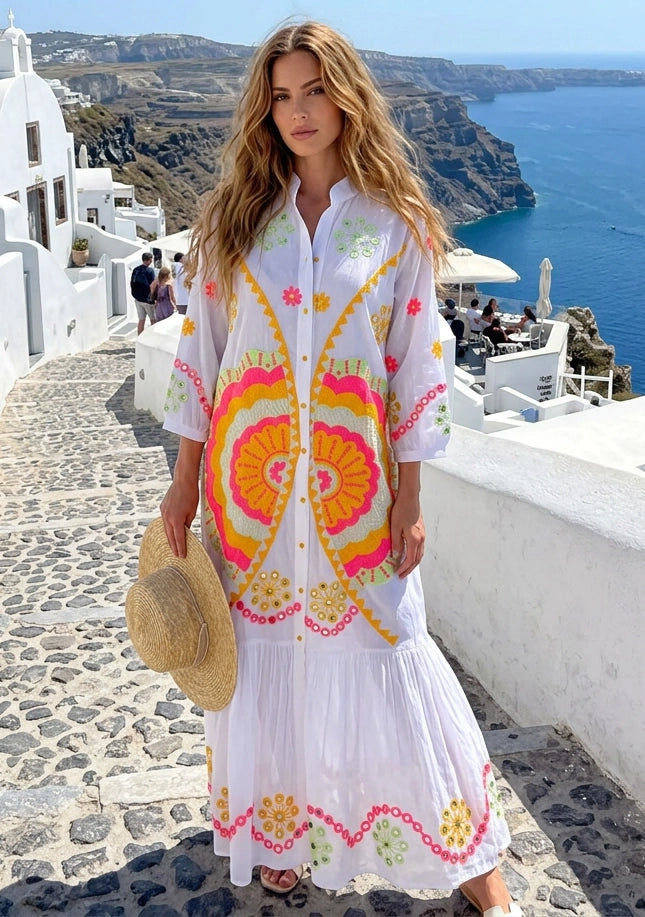 Women's Hand Embroidered Cotton Maxi Dress Mandarin Collar - Sara