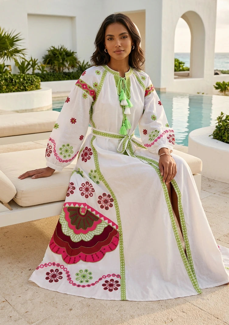 Vestido Largo de Algodón con Cuello Redondo para Mujer - Sara