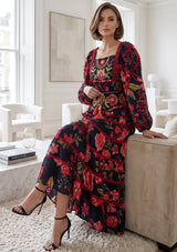 Ibban Black Floral Print Cotton Maxi Dress - Almasa
