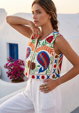 ibBan Summer Hand Embroidered Gilet | Women's Cotton Canvas Vest - Miruna