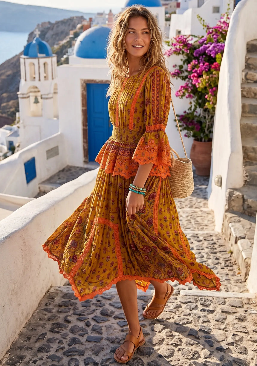 ibBan Mustard Printed Cotton Dress with Embroidery | Boho Resort Dress - Kavri