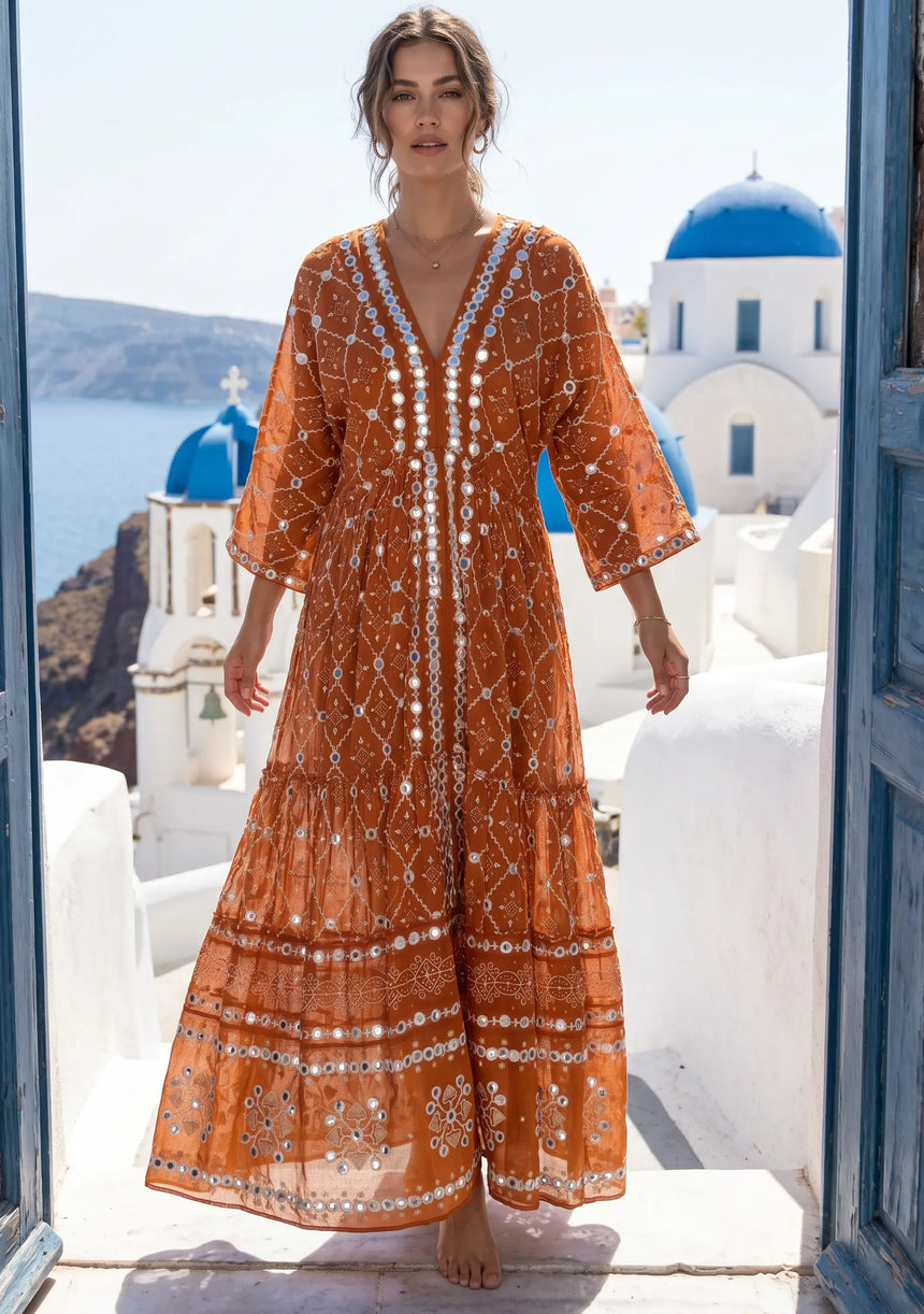 ibBan Hand Embroidered Cotton Maxi Dress | Luxury Boho Resort -Fabiya
