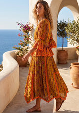 ibBan Mustard Printed Cotton Dress with Embroidery | Boho Resort Dress - Kavri