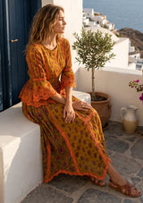 ibBan Mustard Printed Cotton Dress with Embroidery | Boho Resort Dress - Kavri