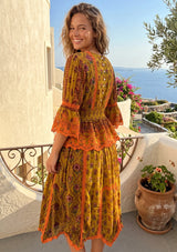 ibBan Mustard Printed Cotton Dress with Embroidery | Boho Resort Dress - Kavri