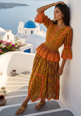 ibBan Mustard Printed Cotton Dress with Embroidery | Boho Resort Dress - Kavri