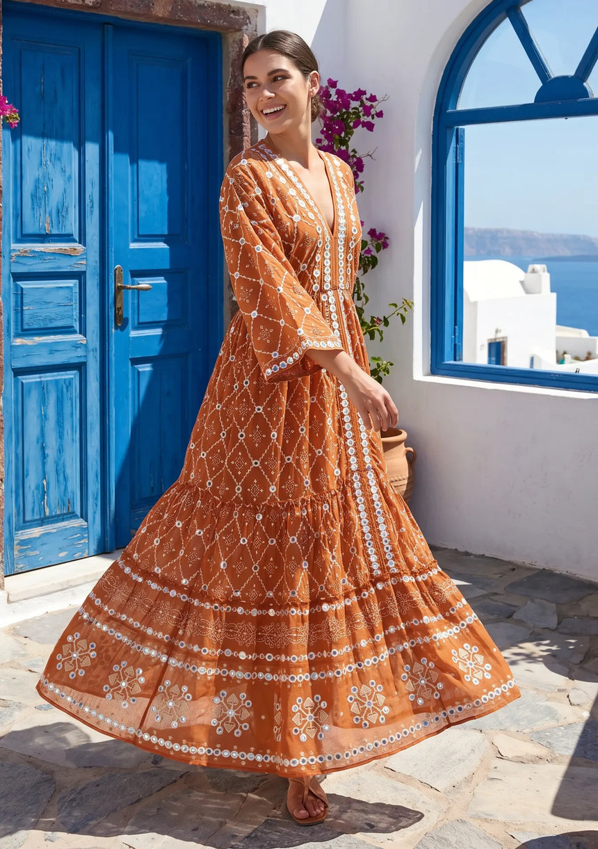 ibBan Hand Embroidered Cotton Maxi Dress | Luxury Boho Resort -Fabiya