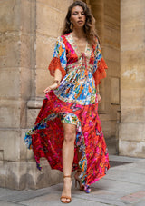 Women's Printed Silk Long Tunic V-Neck - Mary