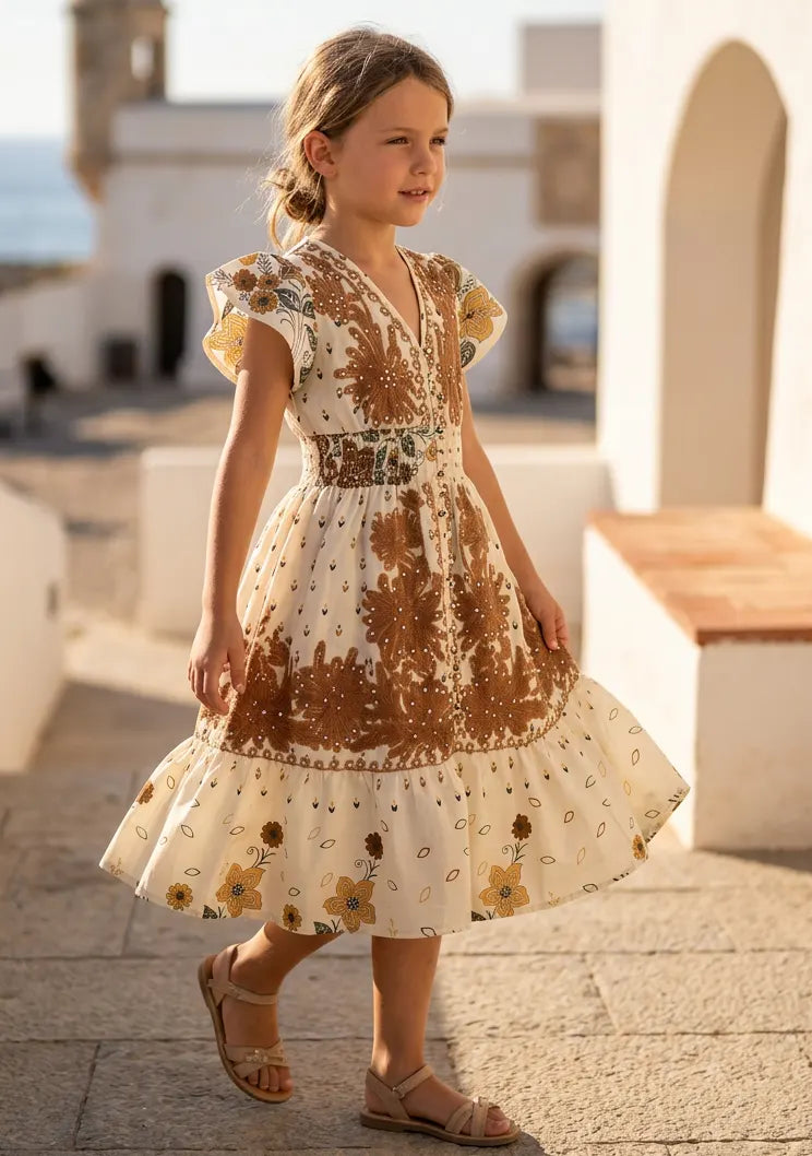 Robe en coton imprimé col en V pour fille - Yamira