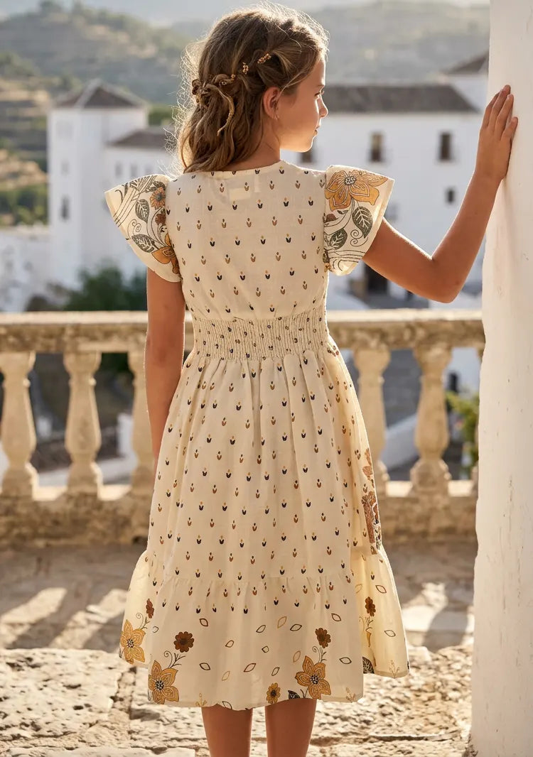 Robe en coton imprimé col en V pour fille - Yamira