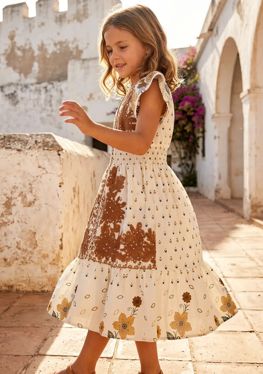 Robe en coton imprimé col en V pour fille - Yamira