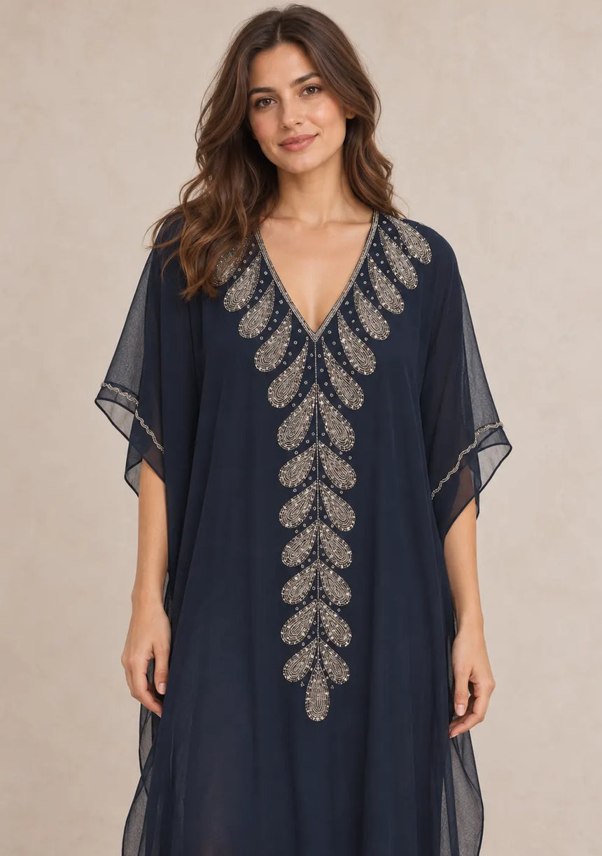 ibBan Women’s Hand Embroidered Georgette Kaftan Dress -Tanzeen