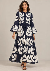 ibBan Leaf Print Cotton Maxi Dress with Tassel Tie - Livia