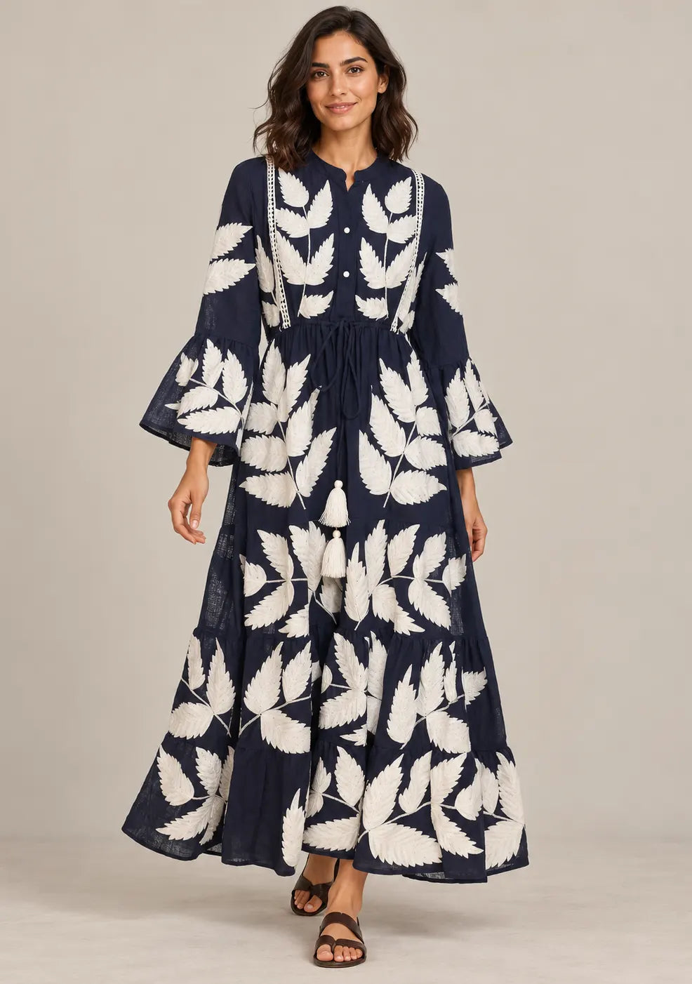 ibBan Leaf Hand Embroidery Cotton Long Tunic - Livia