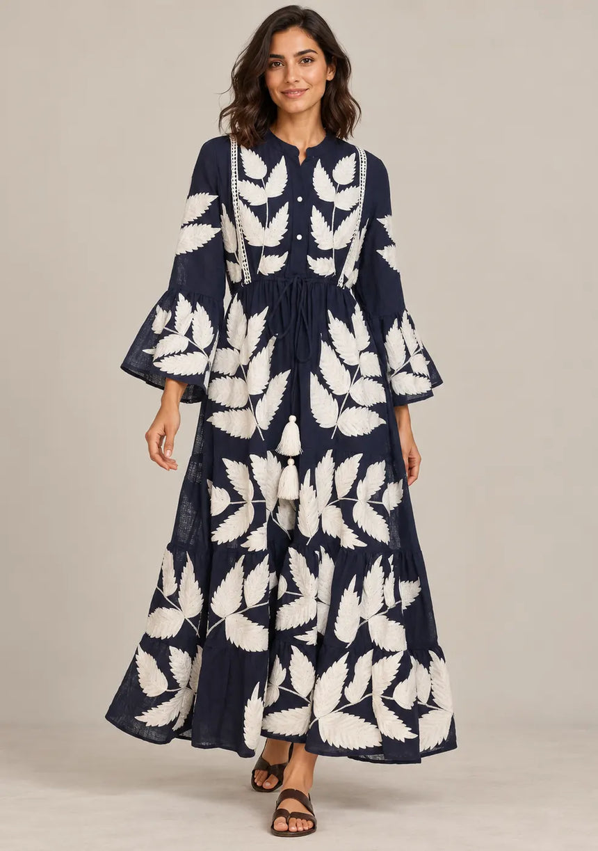 ibBan Leaf Print Cotton Maxi Dress with Tassel Tie - Livia