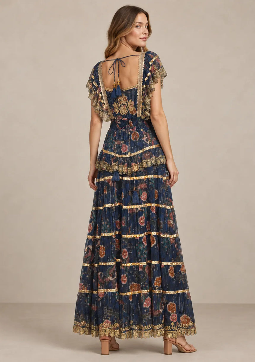 ibBan Cotton Georgette  Floral Tiered Long Dress - Huma
