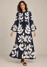 ibBan Leaf Print Cotton Maxi Dress with Tassel Tie - Livia