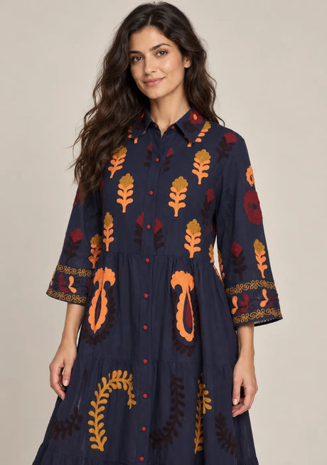 ibBan Embroidered Cotton Tiered Shirt Collor Tunic  - Ambir