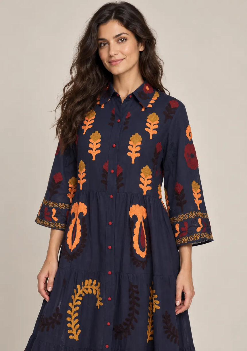 ibBan Embroidered Cotton Tiered Shirt Collor Tunic  - Ambir