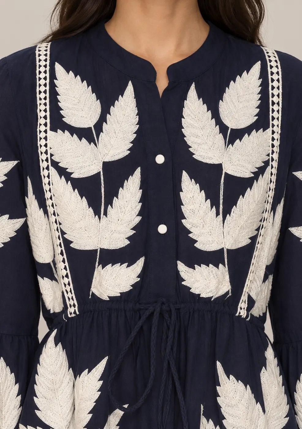 ibBan Leaf Hand Embroidery Cotton Long Tunic - Livia