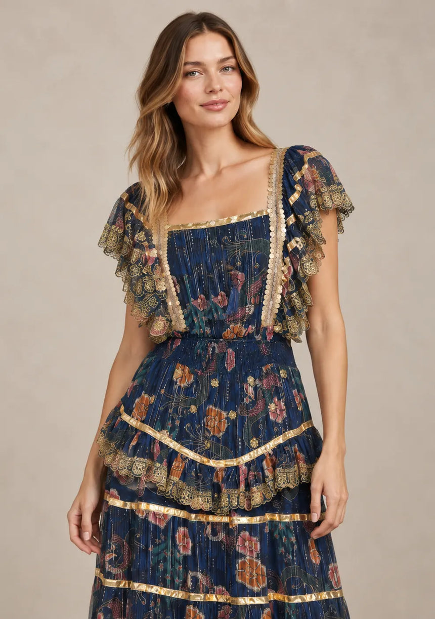 ibBan Cotton Georgette  Floral Tiered Long Dress - Huma