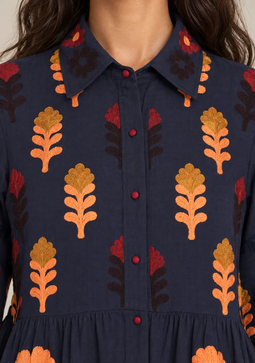 ibBan Embroidered Cotton Tiered Shirt Collor Tunic  - Ambir