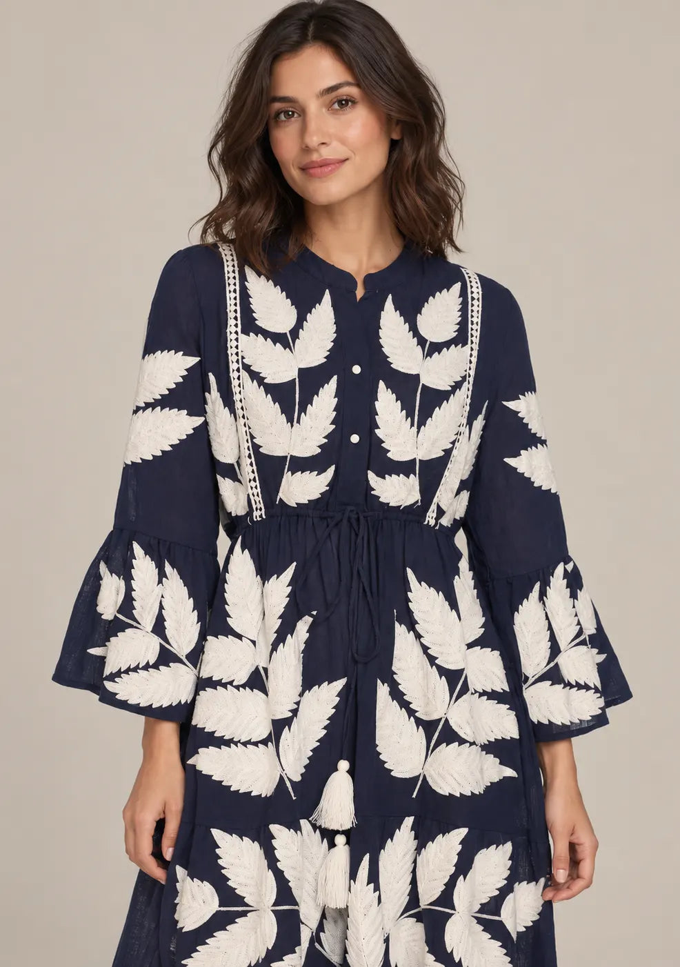 ibBan Leaf Hand Embroidery Cotton Long Tunic - Livia