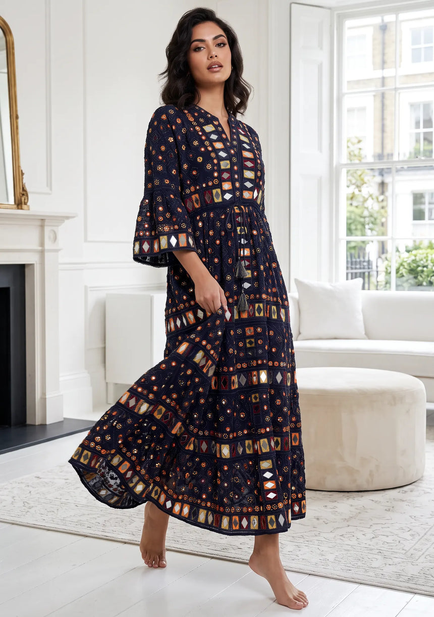 ibBan Women's Hand Embroidered Long Tunic Dress -Corina Long Tunic