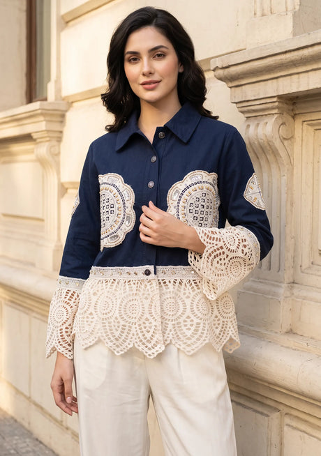 Women's Artisan Hand Embroidery Canvas Jacket - Ishila