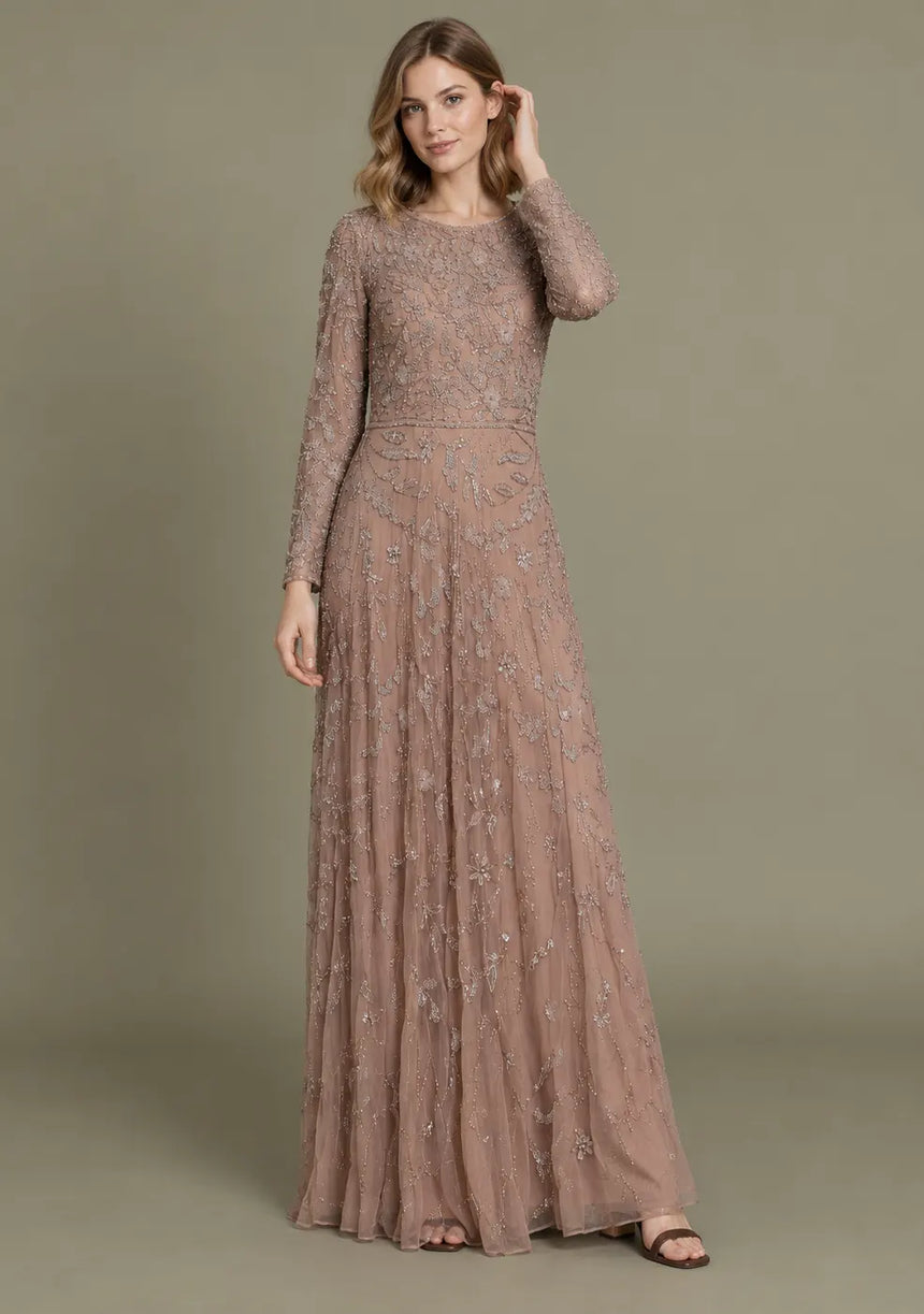 Women’s Net Long Dress with Floral Hand Embroidery-Arzoo