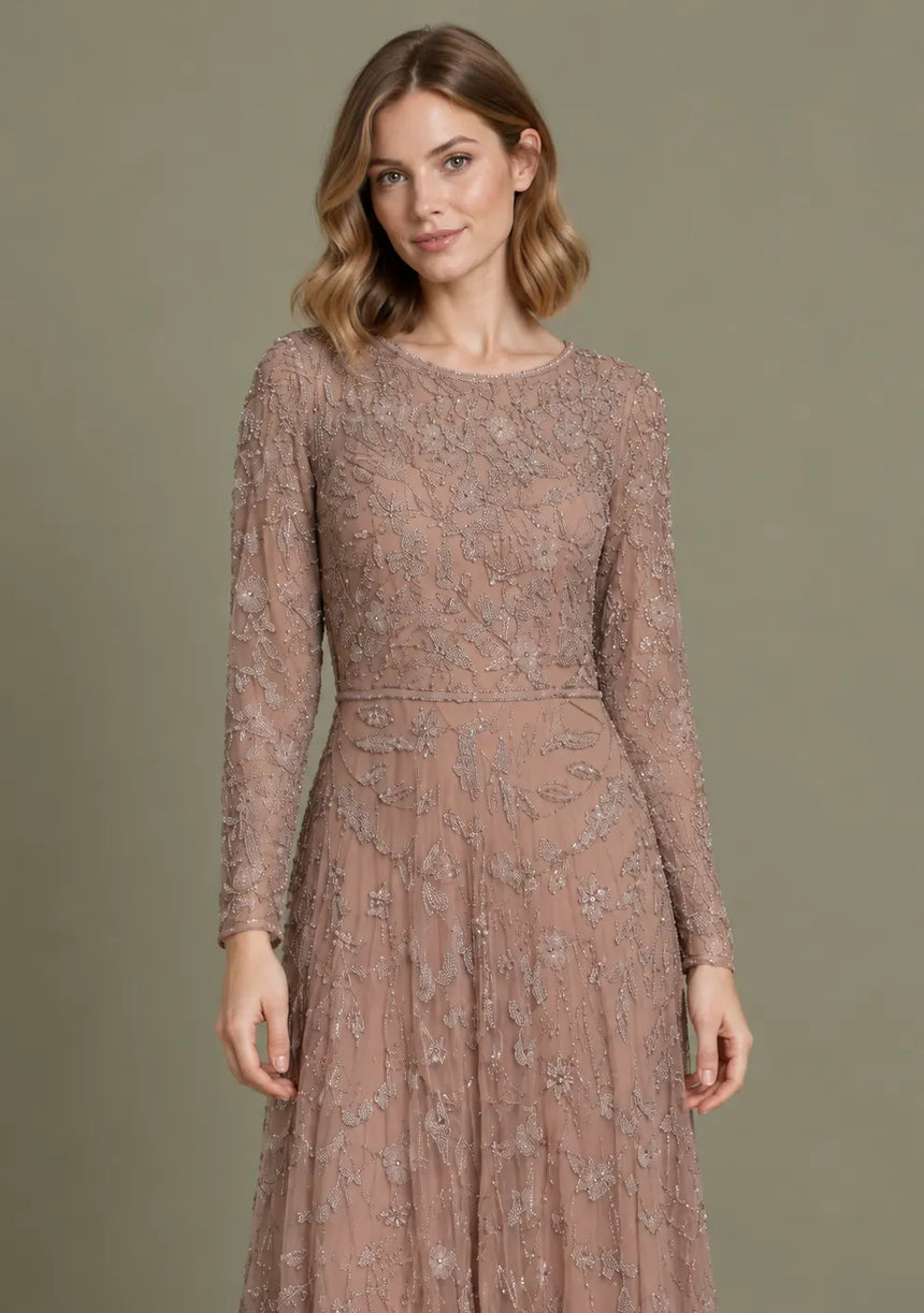 Women’s Net Long Dress with Floral Hand Embroidery-Arzoo