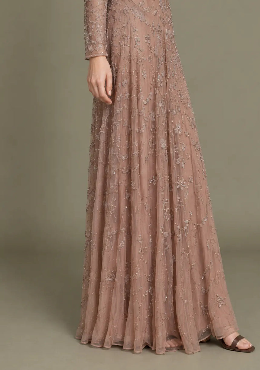 Women’s Net Long Dress with Floral Hand Embroidery-Arzoo