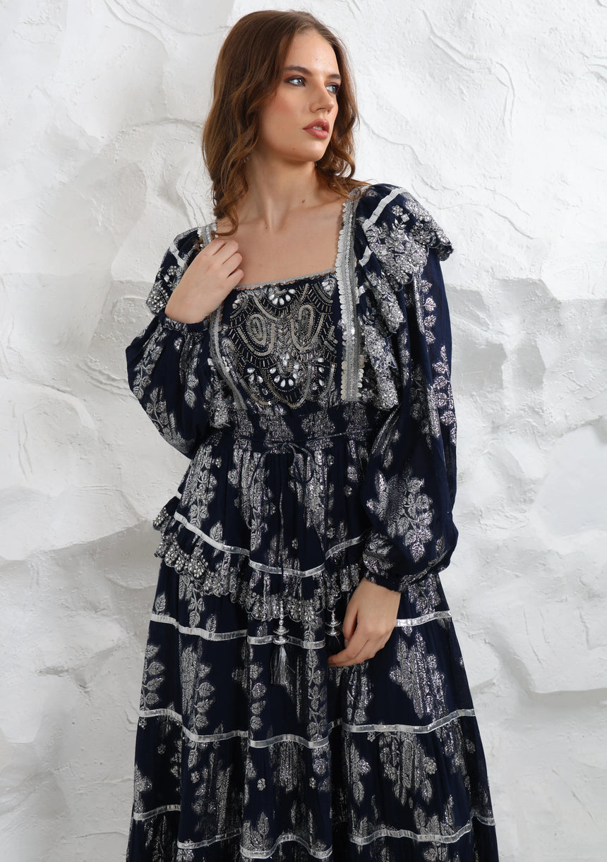 ibBan Hand Embroidered Cotton Lurex Winter Long Dress | Luxury Occasion Wear - Sofia
