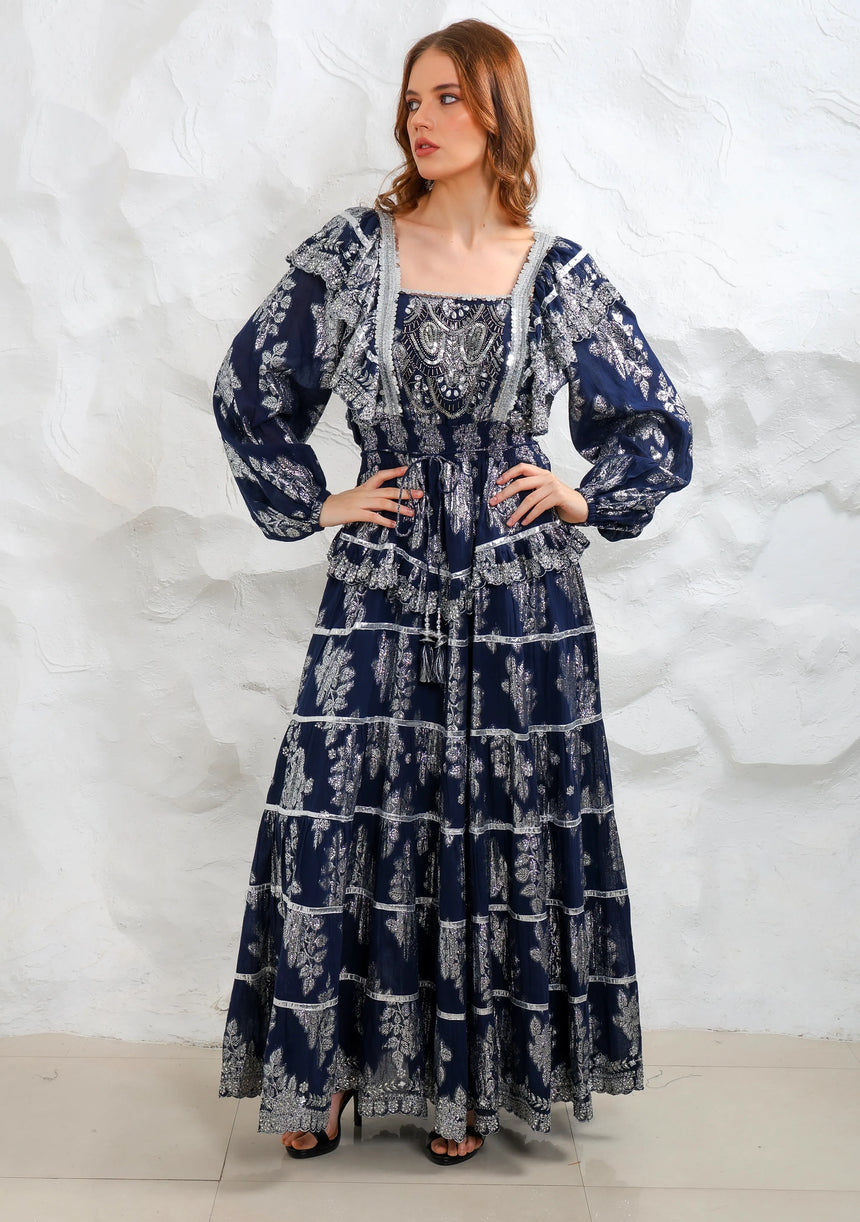 ibBan Hand Embroidered Cotton Lurex Winter Long Dress | Luxury Occasion Wear - Sofia
