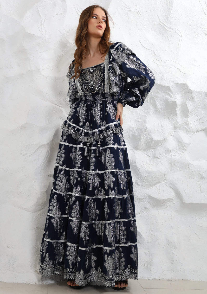ibBan Hand Embroidered Cotton Lurex Winter Long Dress | Luxury Occasion Wear - Sofia