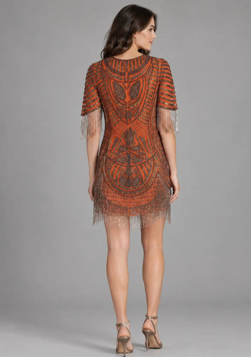 ibBan Party Short Dress with Beadwork & Fringe Sleeves - Esmi