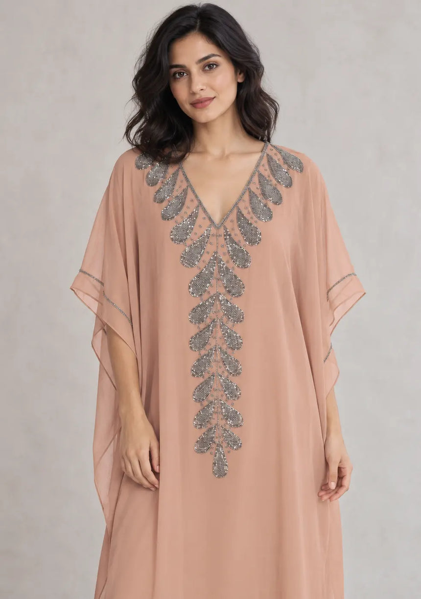 ibBan Women’s Hand Embroidered Georgette Kaftan Dress -Tanzeen