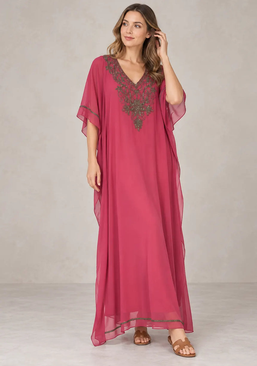 ibBan Women’s Hand Embroidered Georgette Kaftan Dress -Zava