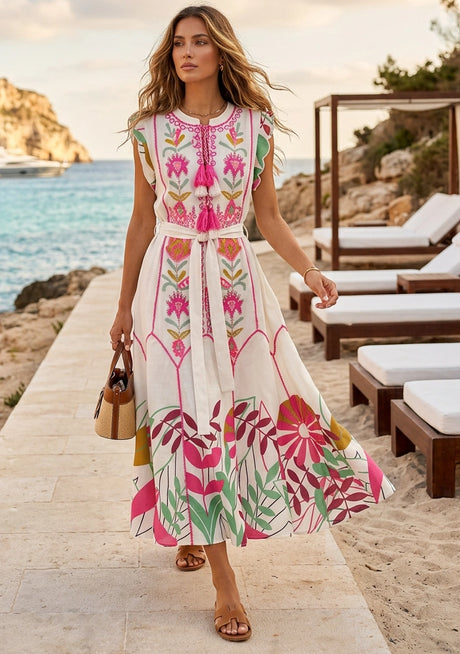 Vestido largo de algodón con cuello redondo para mujer - Barika