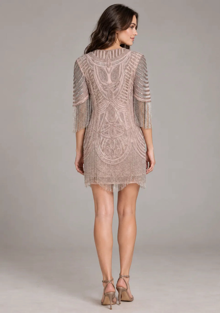 ibBan Party Short Dress with Beadwork & Fringe Sleeves - Esmi
